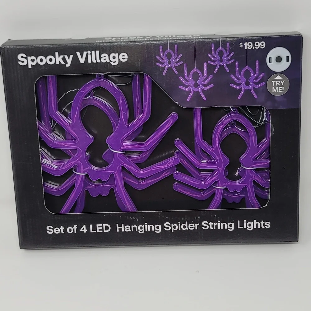 Spooky Village 4 Count LED Hanging Spider String Light Set Purple Indoor/Outdoor